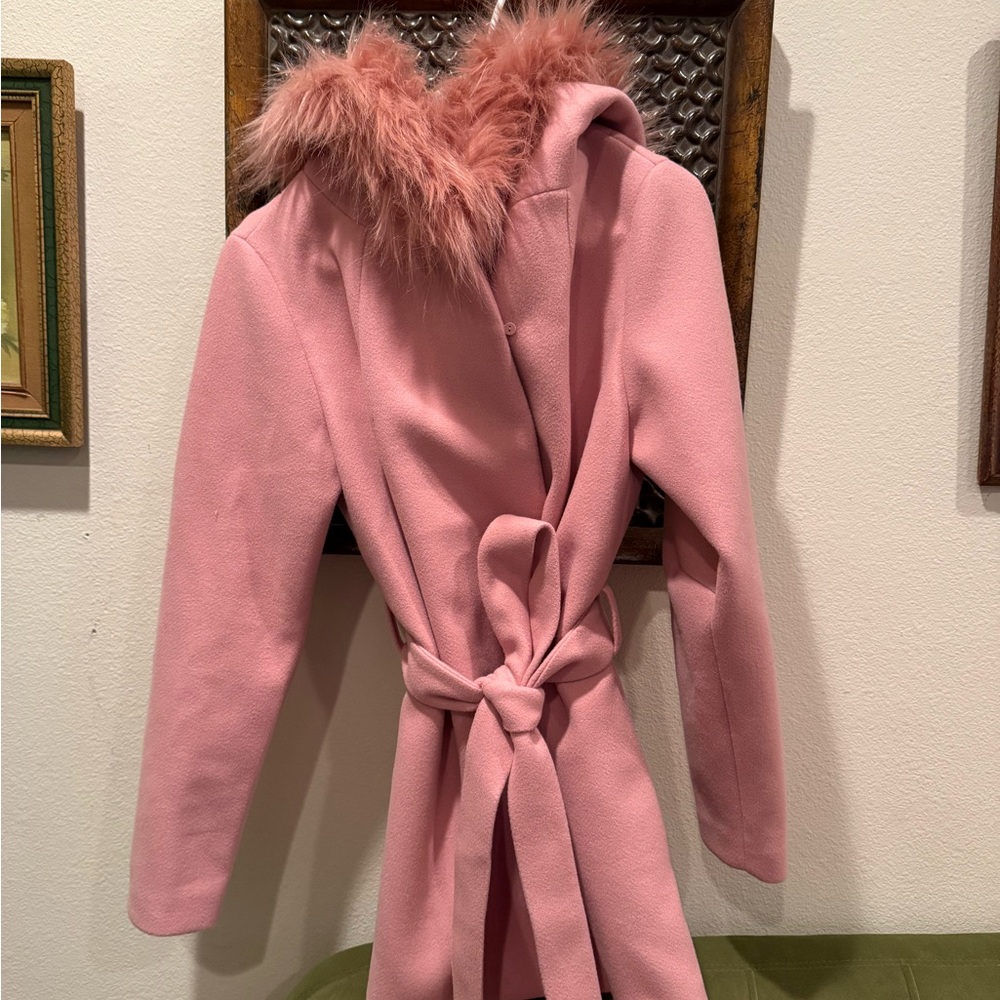 Pink Faux Fur Hooded Women's Coat
